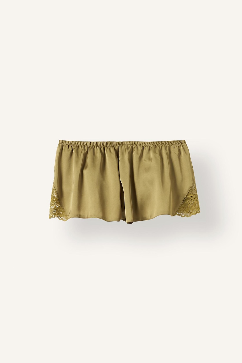 Kadın Haki Dantelli Askılı Şortlu Saten Pijama Takımı