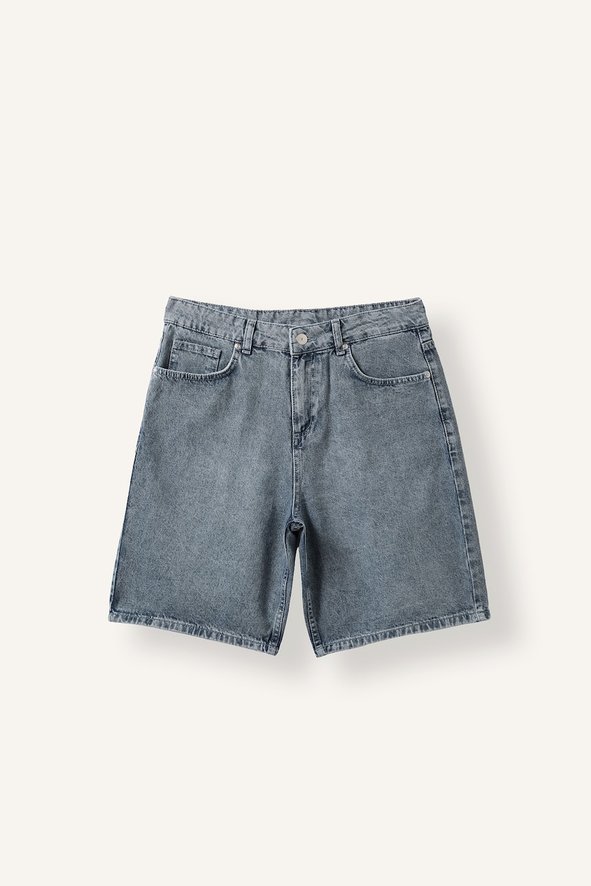 Erkek Mavi Gri Straight Fit Denim Bermuda