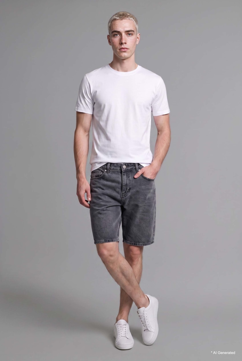 Men Blue Grey Washed Effect Straight Fit Denim Shorts