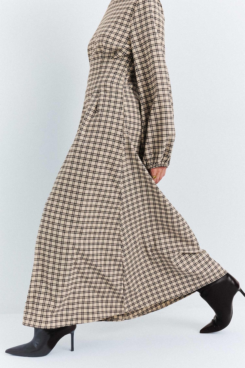 Woman Khaki Fitted Long Sleeve Checkered Pattern Dress