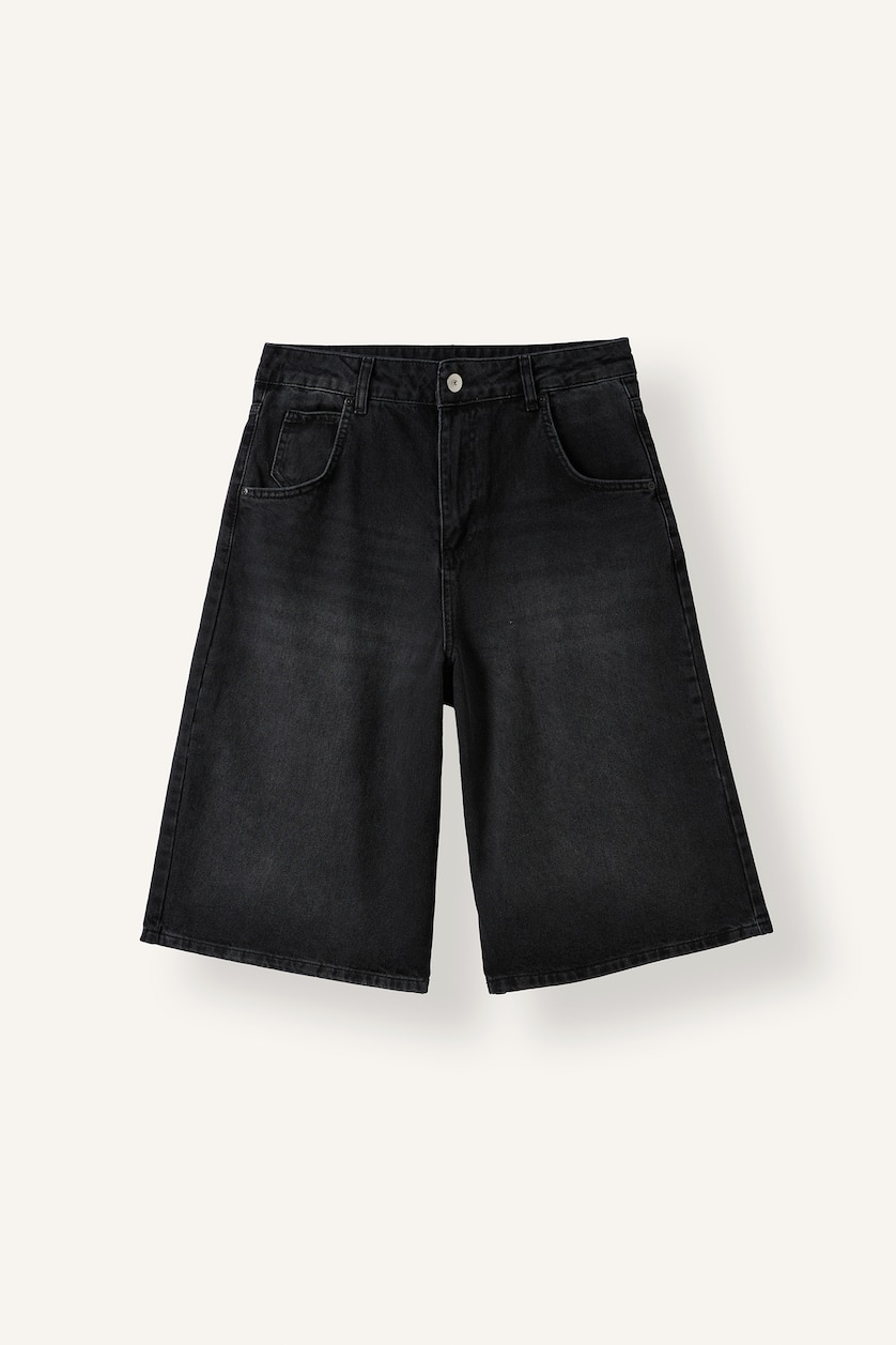 Erkek Siyah %100 Pamuk Baggy Fit Bermuda Şort