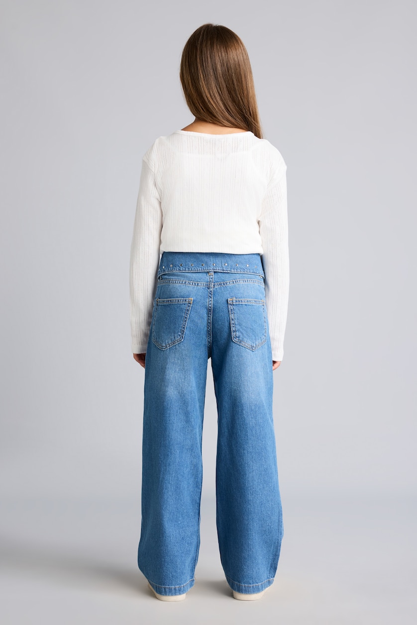 Kız Çocuk - Genç Kız Açık Mavi %100 Pamuk Kıvrık Bel Wide Leg Jean Pantolon Kız Çocuk