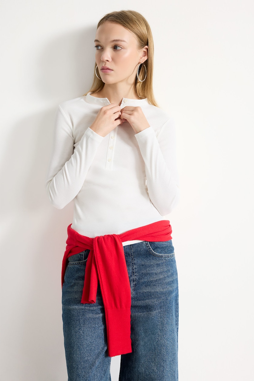 WOMAN Ecru Slim Fit Basic Camisole Long Sleeve T-Shirt