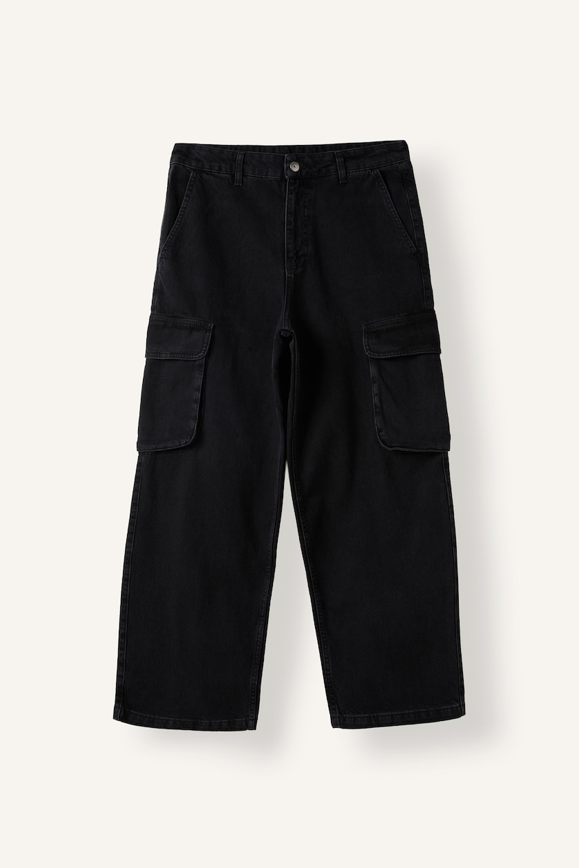 Erkek Siyah Super Baggy Fit Kargo Cepli Jean Pantolon