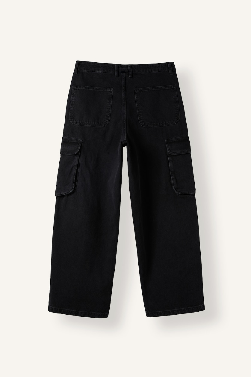 Erkek Siyah Super Baggy Fit Kargo Cepli Jean Pantolon