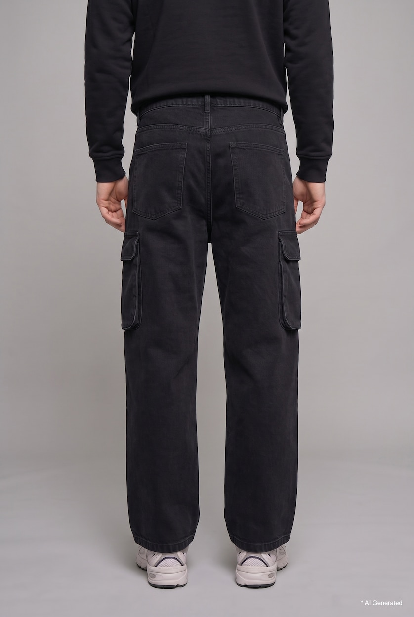 MAN Black 100% Cotton Super Baggy Fit Cargo Jeans