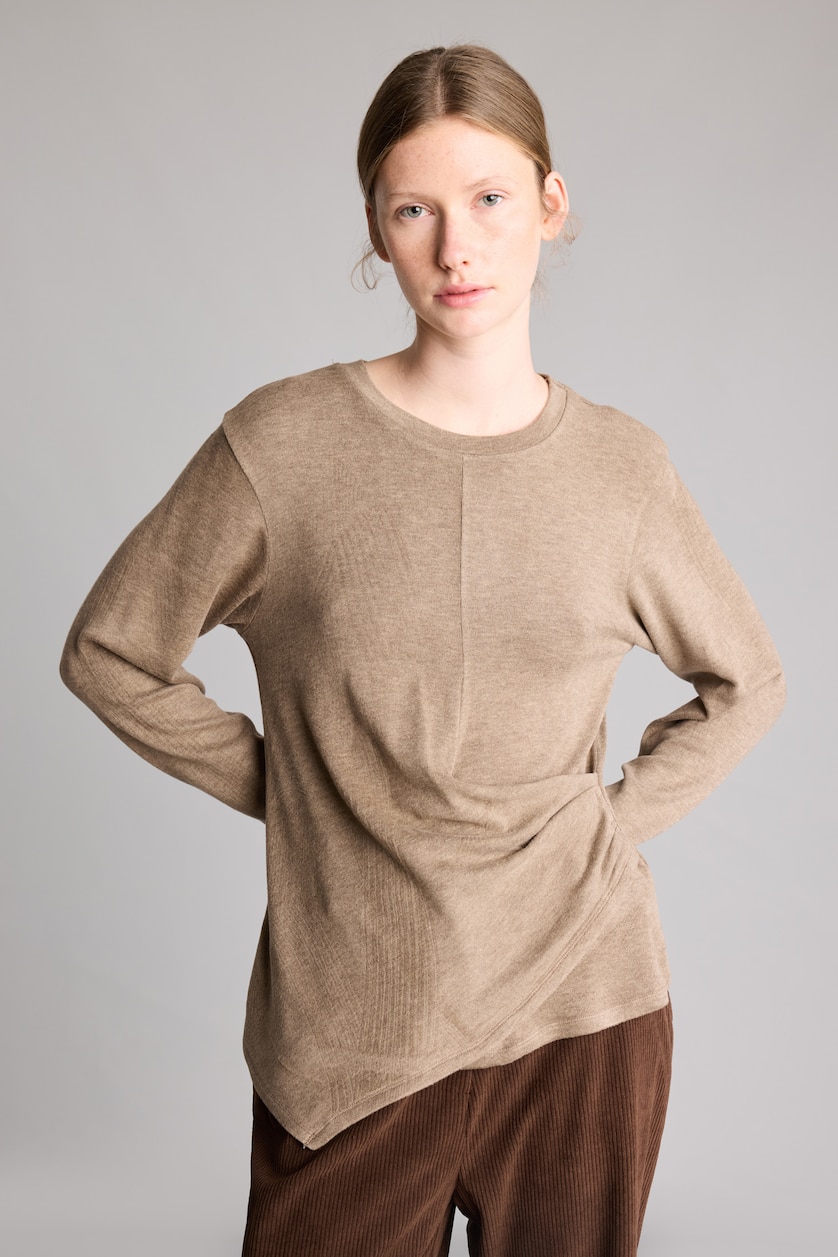 Kadın Vizon Melanj Relaxed Fit Büzgü Detaylı Basic Tişört