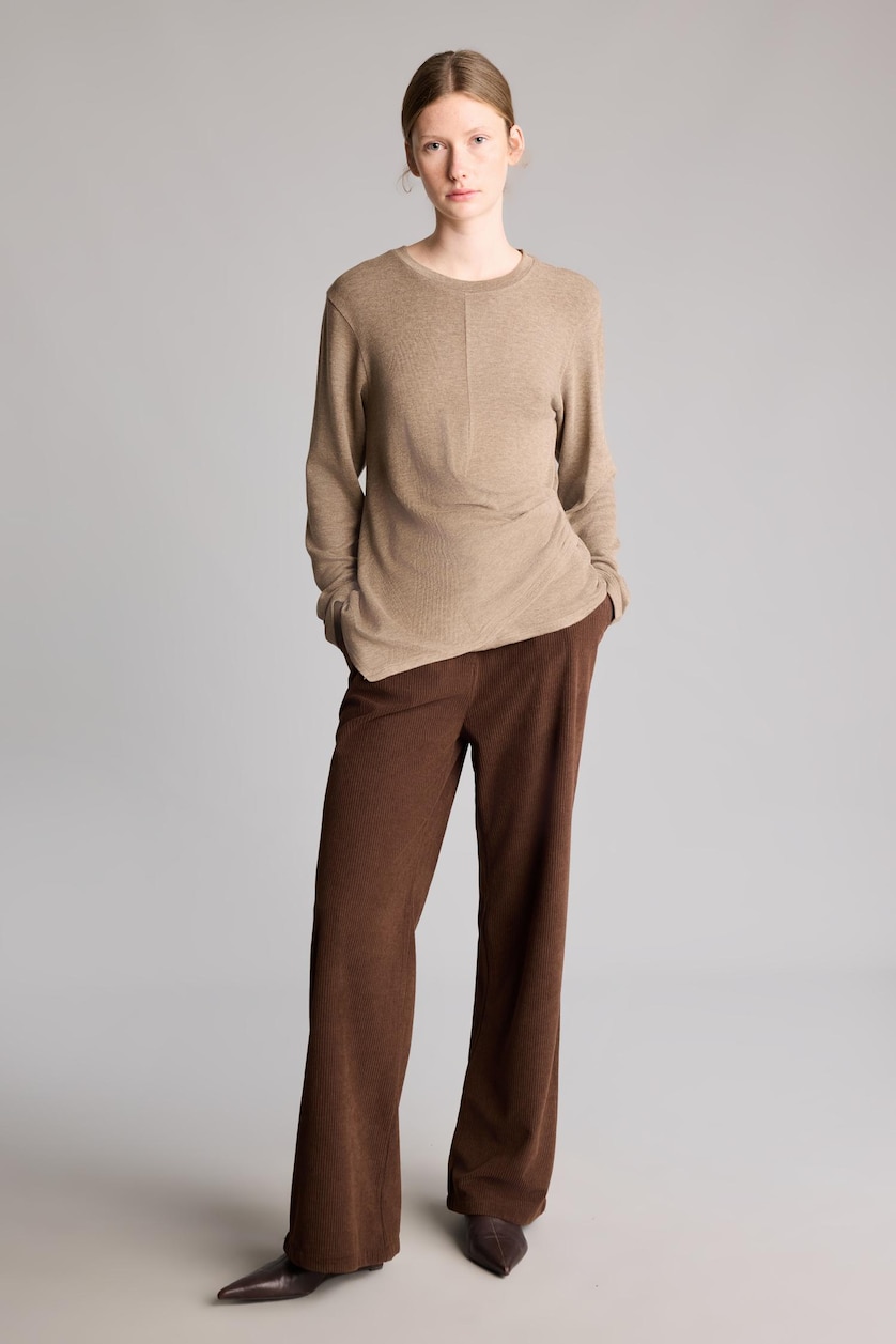 Kadın Vizon Melanj Relaxed Fit Büzgü Detaylı Basic Tişört