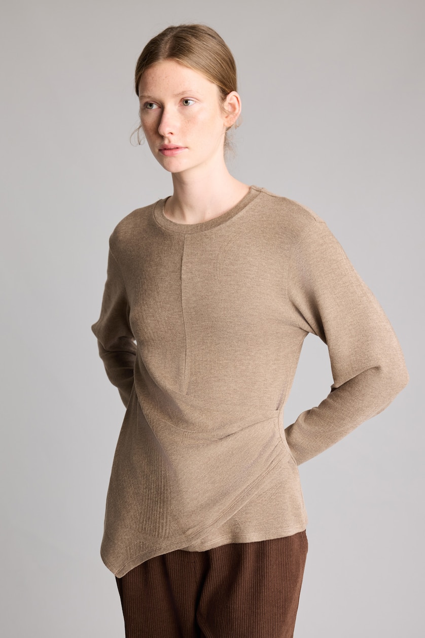 Kadın Vizon Melanj Relaxed Fit Büzgü Detaylı Basic Tişört