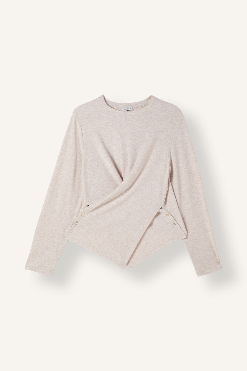Women Beige Melange Regular Fit Ribana Long Sleeve T-Shirt