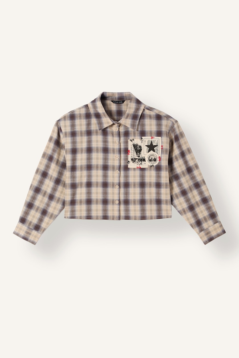 Kız Çocuk - Genç Kız Bej Relaxed Fit Ekose Crop Poplin Gömlek Kız Çocuk