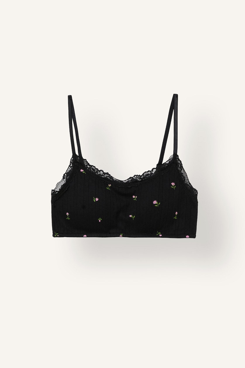 Kadın Siyah Çiçekli Dantelli Bralet Çıkarılabilir Kap