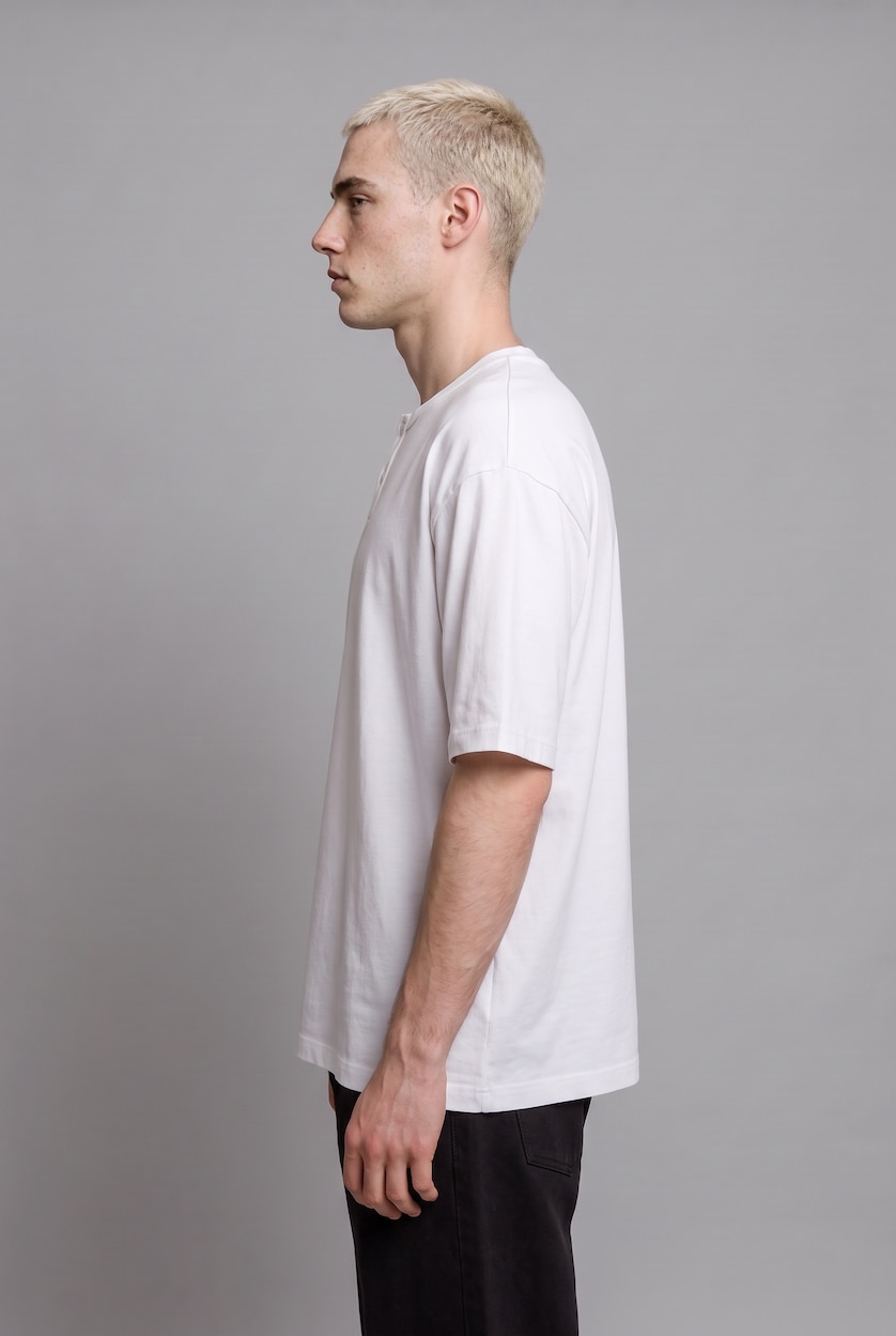 Erkek Beyaz Henley Yaka Boxy Fit Tişört