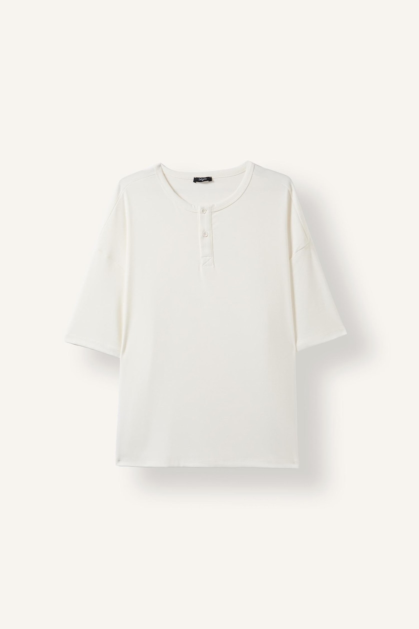 Erkek Beyaz Henley Yaka Boxy Fit Tişört