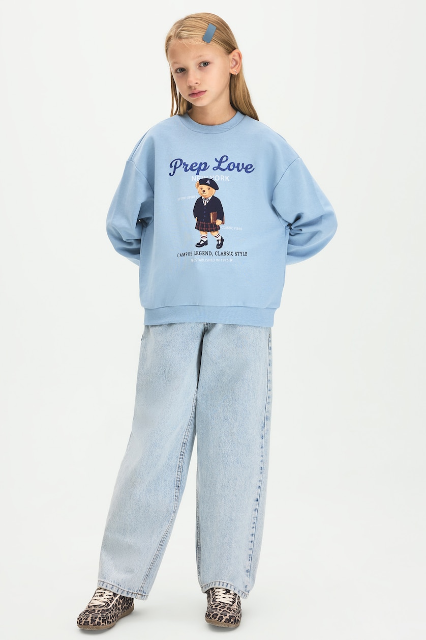 GIRLS & TEENS Light Blue Girl Relaxed Fit Teddy Bear Print Crew Neck Sweatshirt