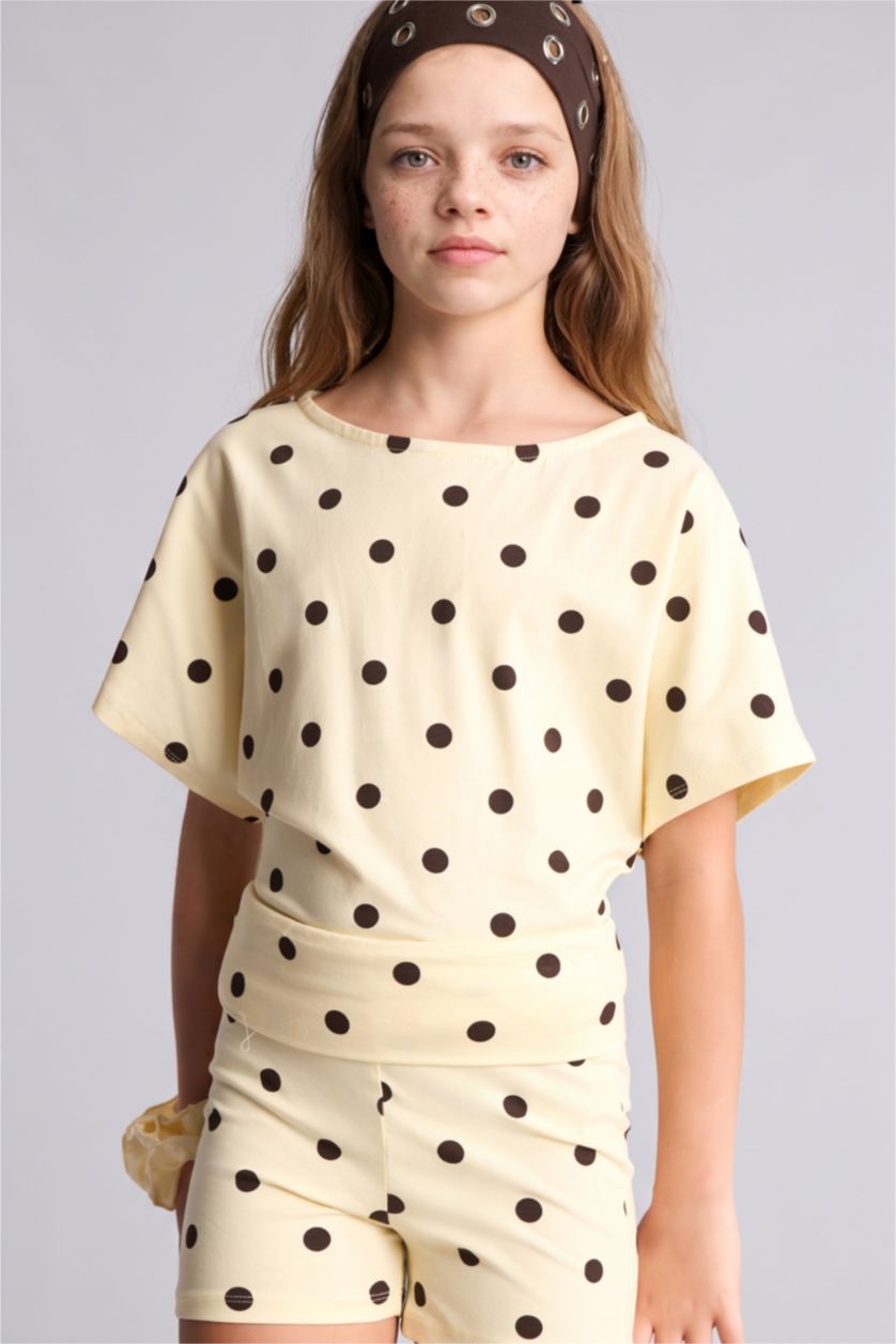 Girls & Teens Light Yellow تيشيرت بناتي نص ردن منقط قصة عادية