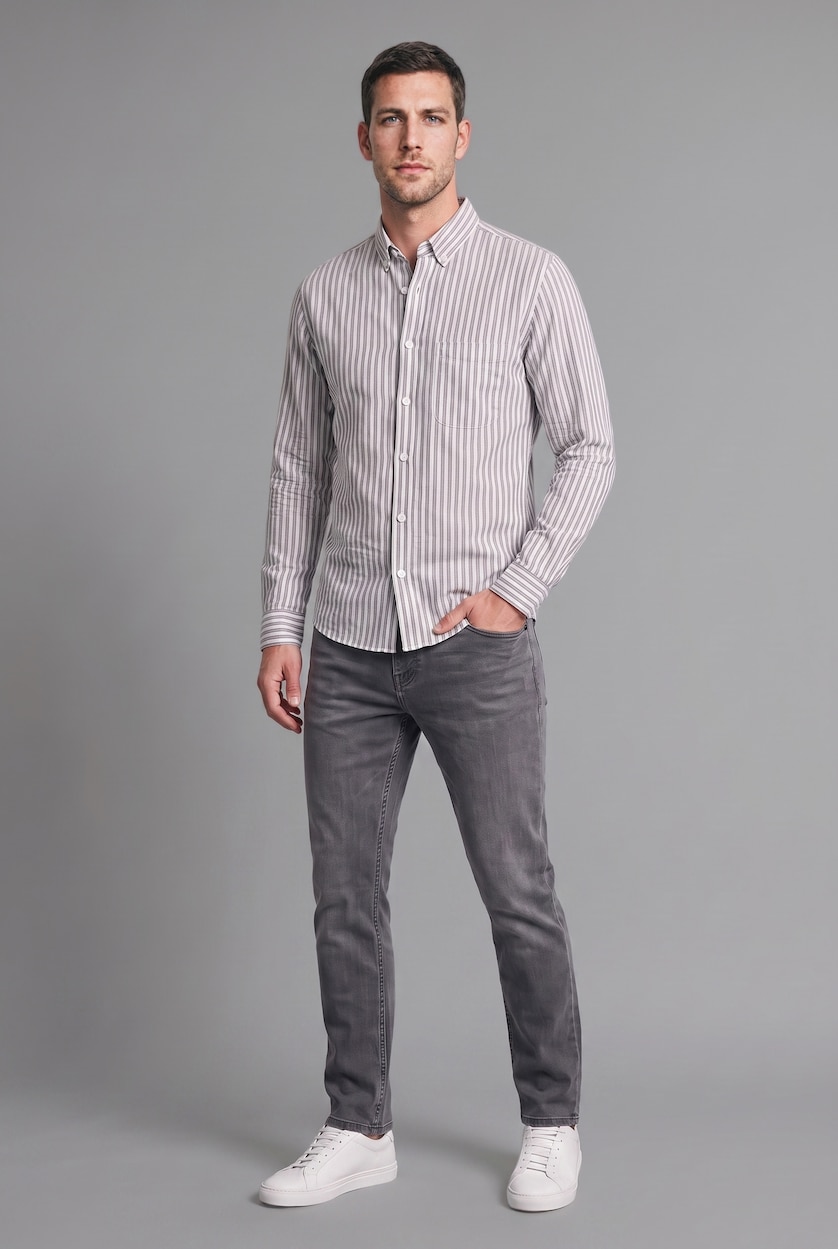 Man Grey Regular Fit Striped Cotton Long Sleeve Shirt