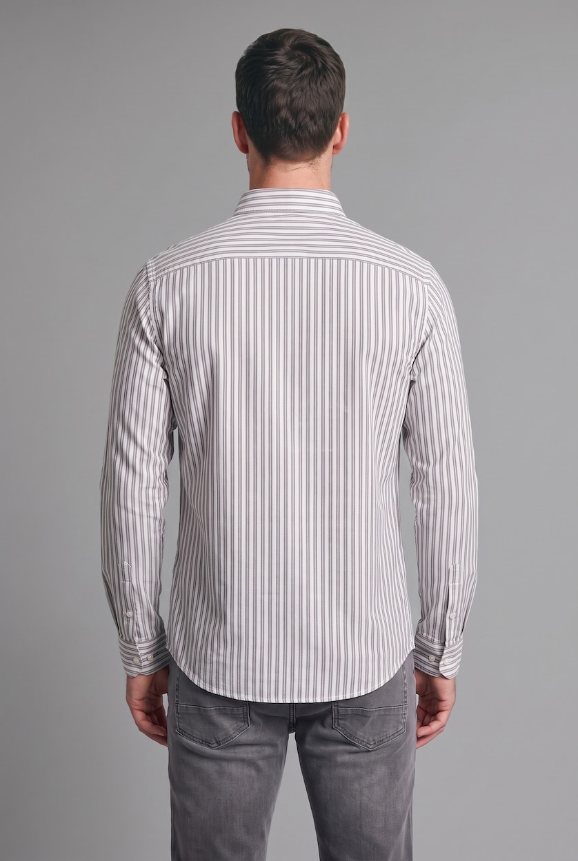 Man Grey Regular Fit Striped Cotton Long Sleeve Shirt