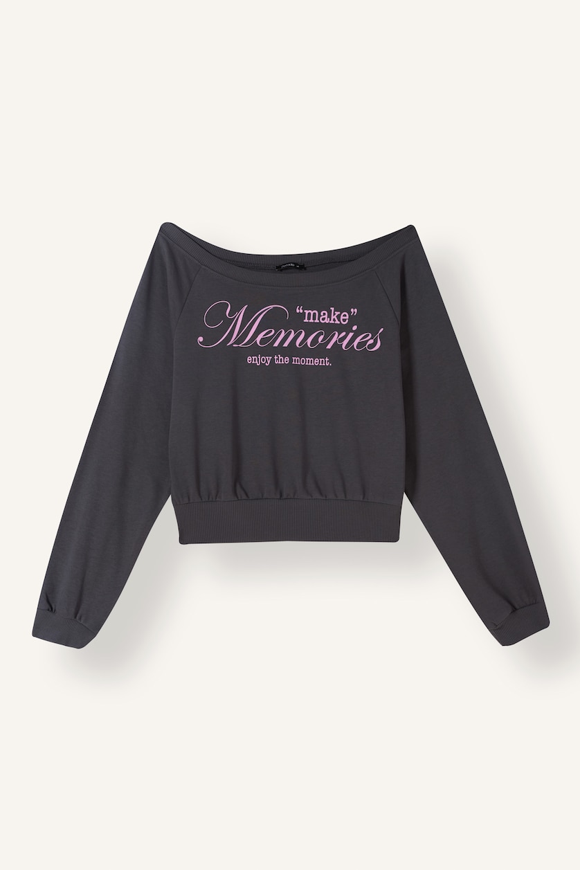 Kadın Antrasit Cropped Fit Baskılı Sweatshirt
