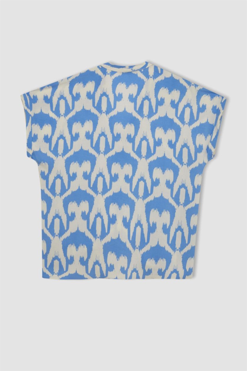 Kadın Mavi Regular Fit Apaş Yaka Desenli Kısa Kollu Gömlek