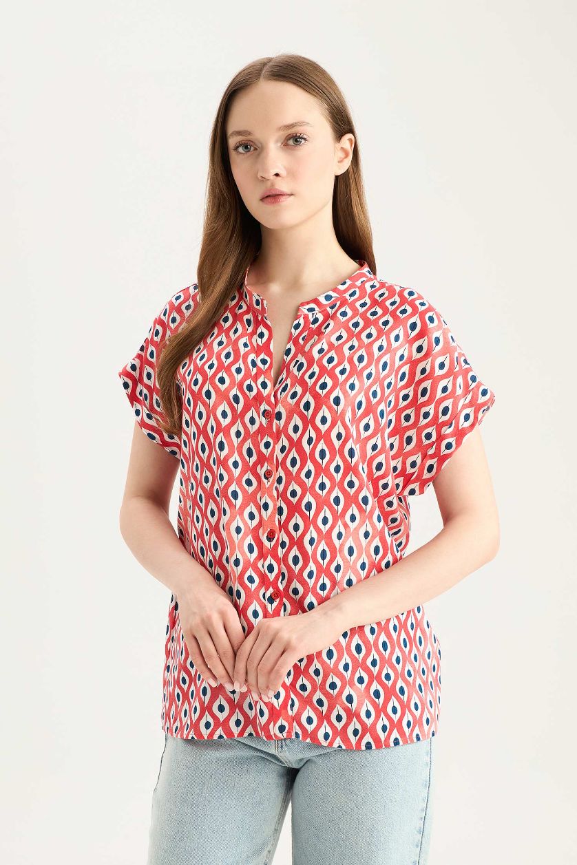 WOMAN Red Regular Fit Patterned Short Sleeve Shirt