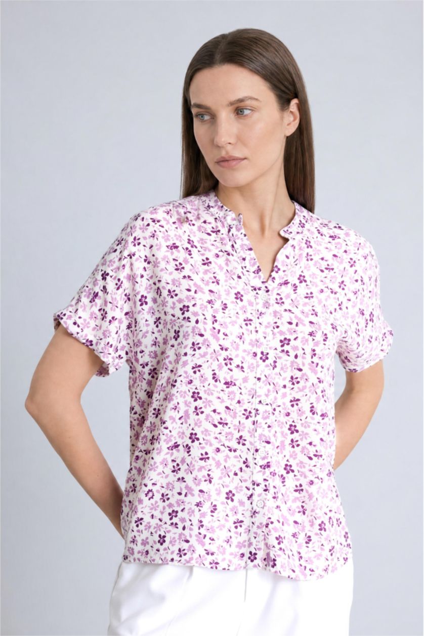 Kadın Mor Regular Fit Çiçekli Kısa Kollu Gömlek