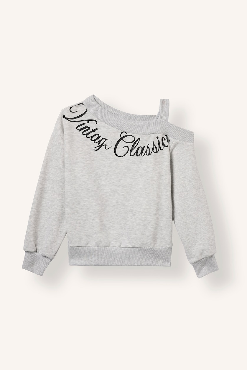 Young Girls - Teen Girls Light Grey Melange Regular Fit Slogan Off Shoulder Sweatshirt