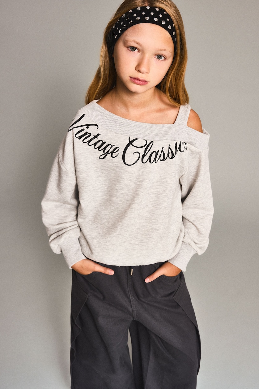 VAJZA & ADOLESHENTE Light Grey Melange Girl Asymmetric Printed Sweatshirt
