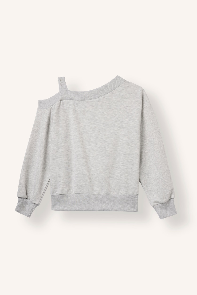 Young Girls - Teen Girls Light Grey Melange Regular Fit Slogan Off Shoulder Sweatshirt