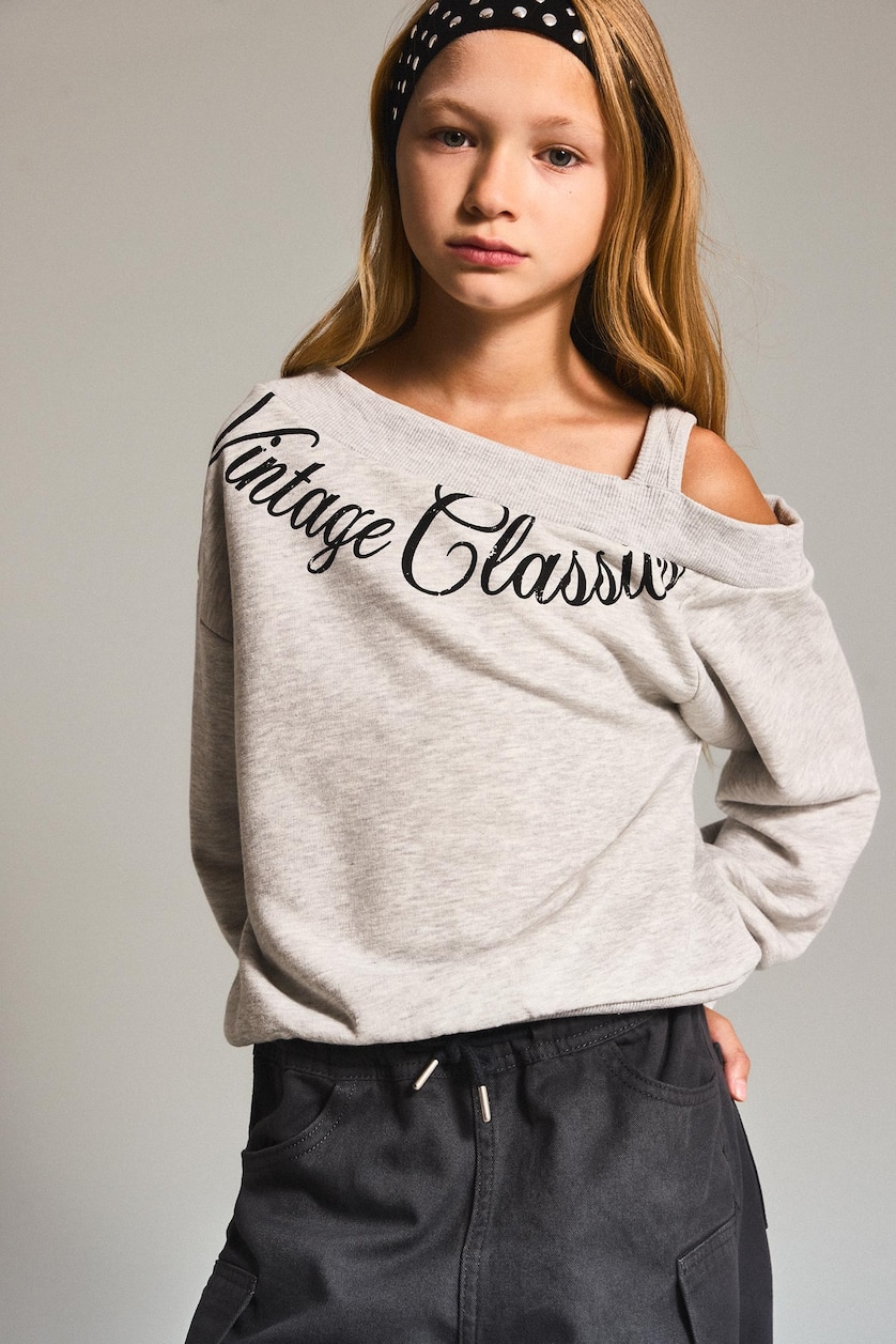 VAJZA & ADOLESHENTE Light Grey Melange Girl Asymmetric Printed Sweatshirt