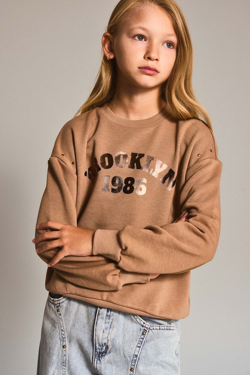 Kız Çocuk - Genç Kız Vizon Relax Fıt Baskılı Sweatshirt Kız Çocuk