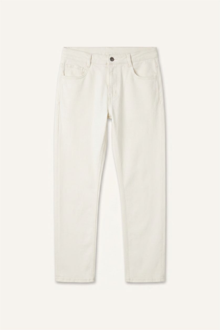 Erkek Beyaz Regular Fit Boru Paça Pantolon