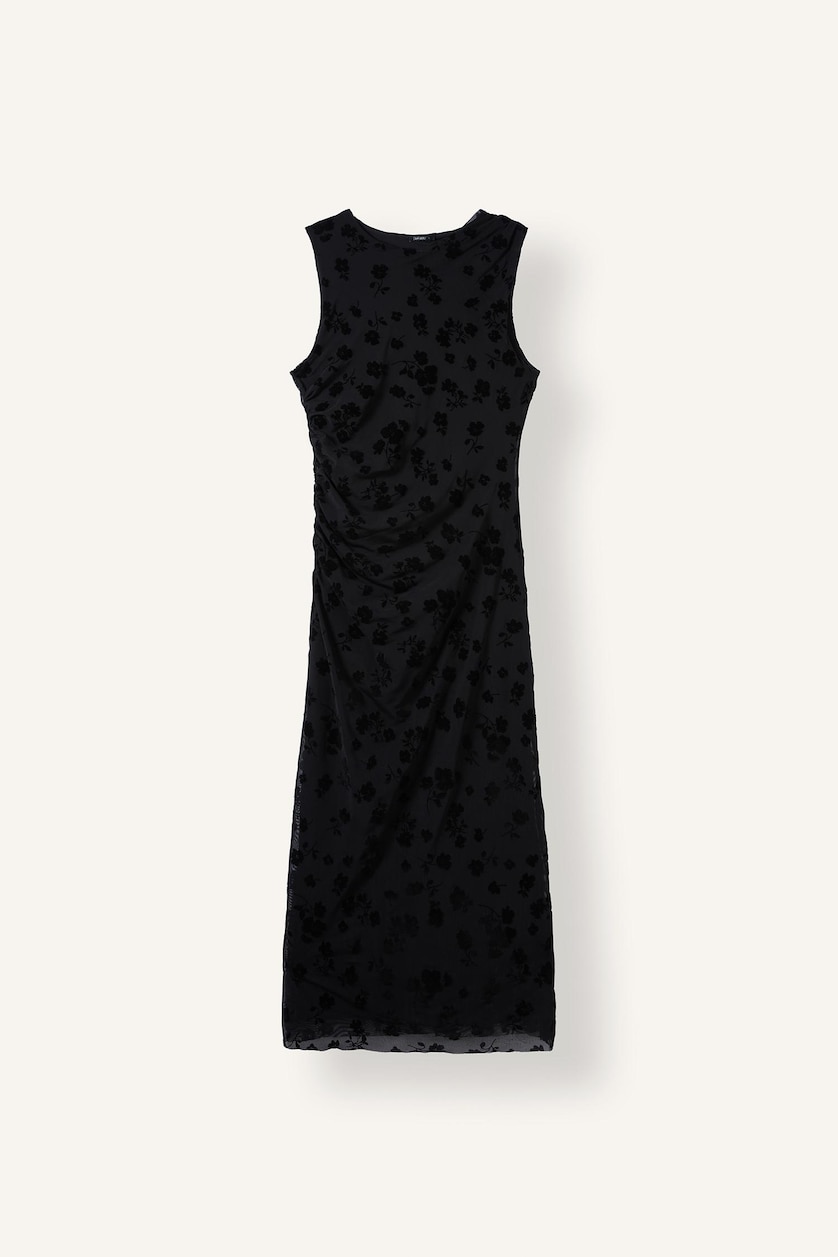 WOMAN Black Crew Neck Floral Gathered Tulle Sleeveless Midi Dress