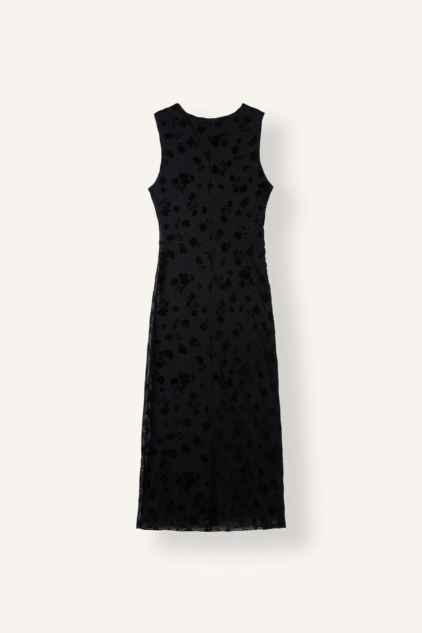 WOMAN Black Crew Neck Floral Gathered Tulle Sleeveless Midi Dress