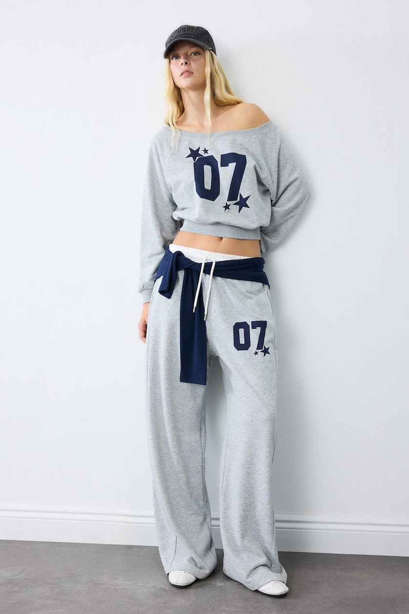 Әйелдерге Ашық Сұр Меланж Қалың Crop свитшот