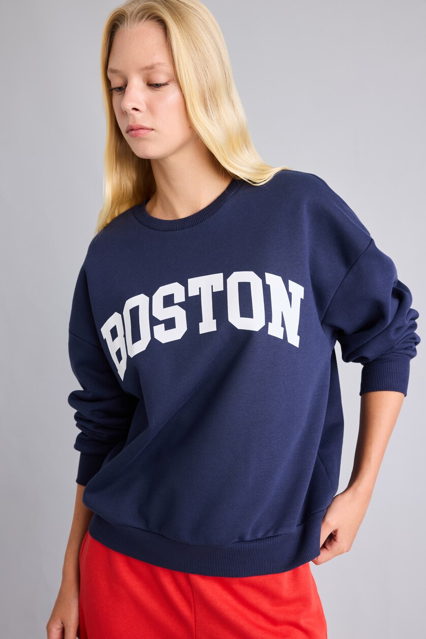 Kadın Lacivert %100 Pamuk Oversize Boston Baskılı Sweatshirt