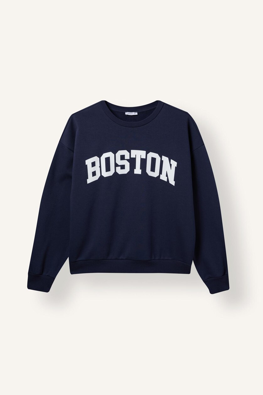 Kadın Lacivert %100 Pamuk Oversize Boston Baskılı Sweatshirt
