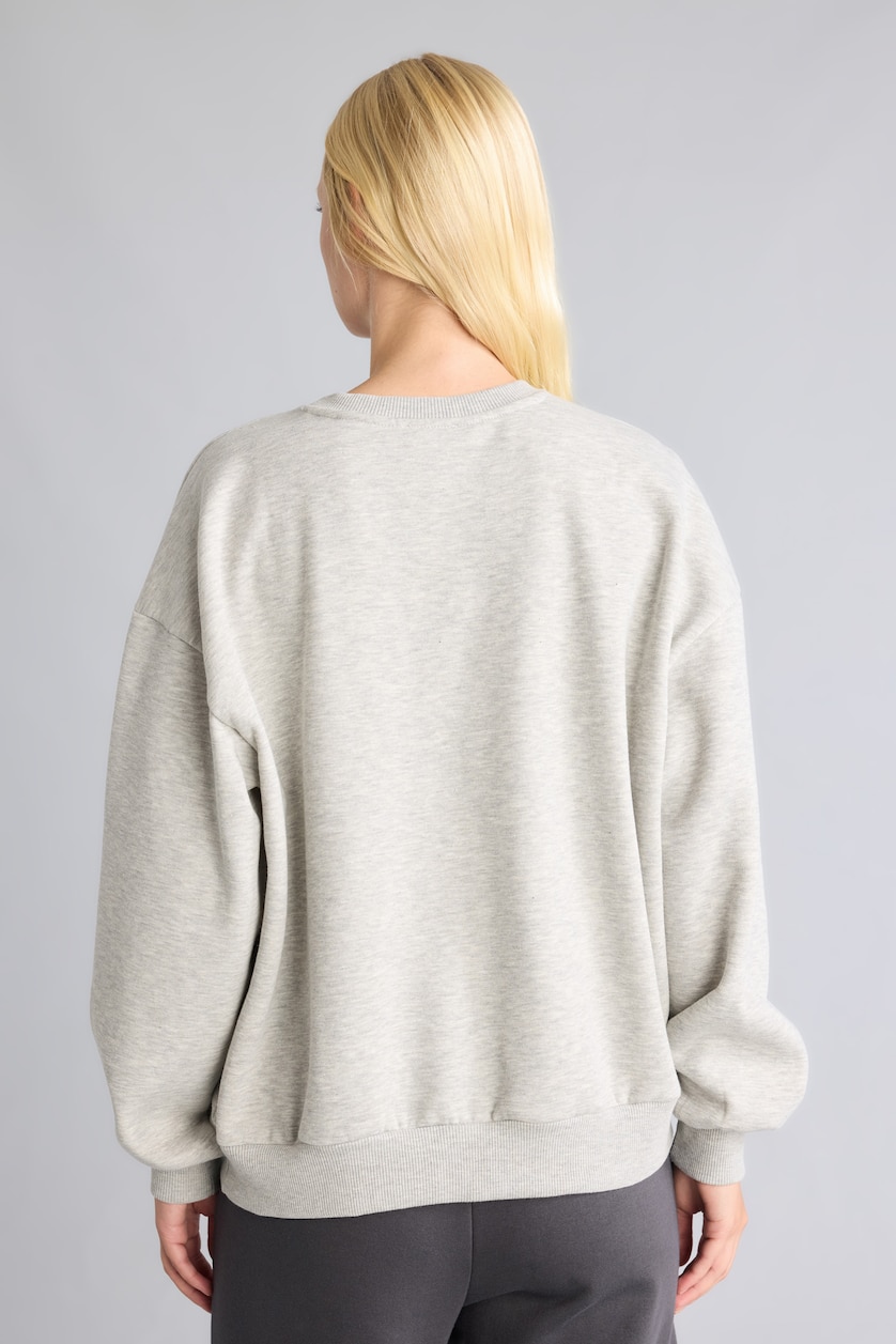 WOMAN Light Grey Melange Oversize Fit Printed Crew Neck Sweatshirt