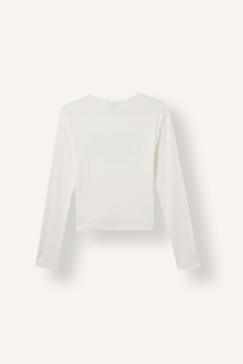 WOMAN White Fitted Printed Ribbed Crew Neck Long Sleeve T-Shirt