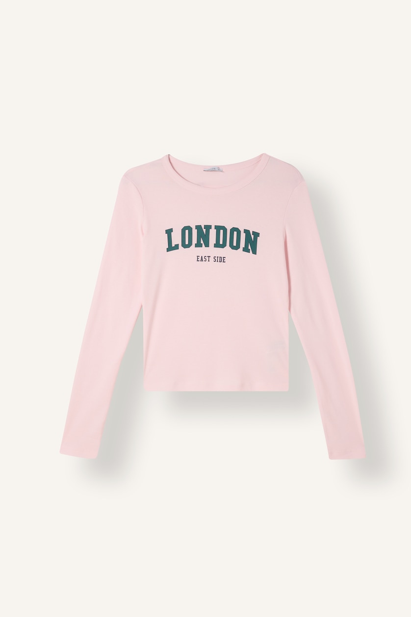 Kadın Açık Pembe Fitted Yazı Baskılı Ribana Tişört