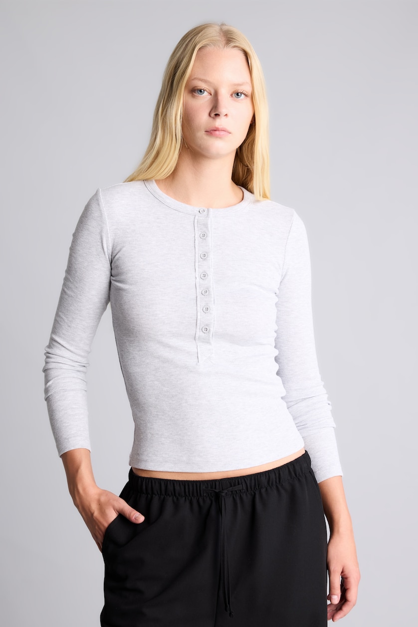 نساء ميلانج رمادي Fitted Basic Ribbed Henley Neck Long Sleeve T-Shirt