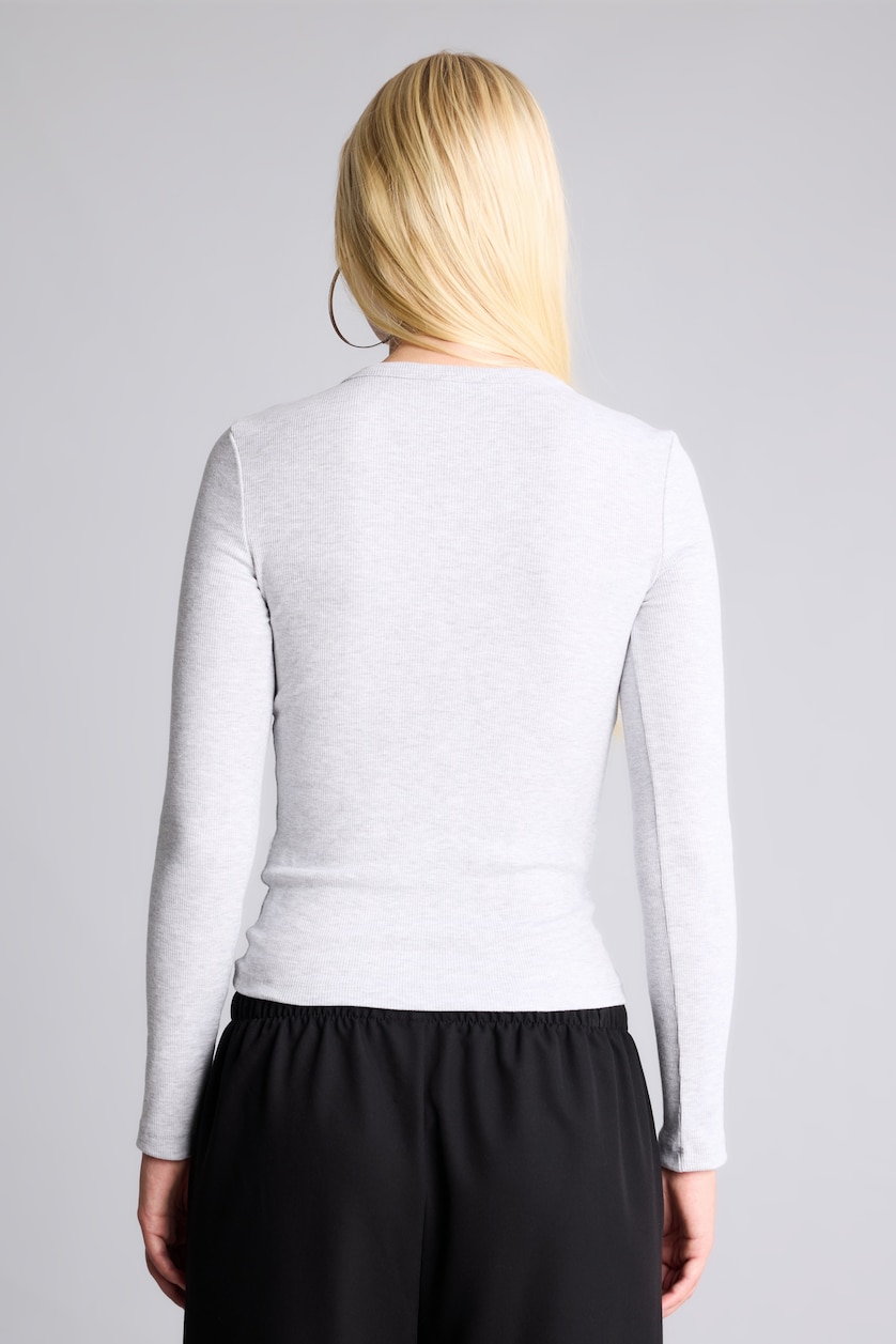 نساء ميلانج رمادي Fitted Basic Ribbed Henley Neck Long Sleeve T-Shirt