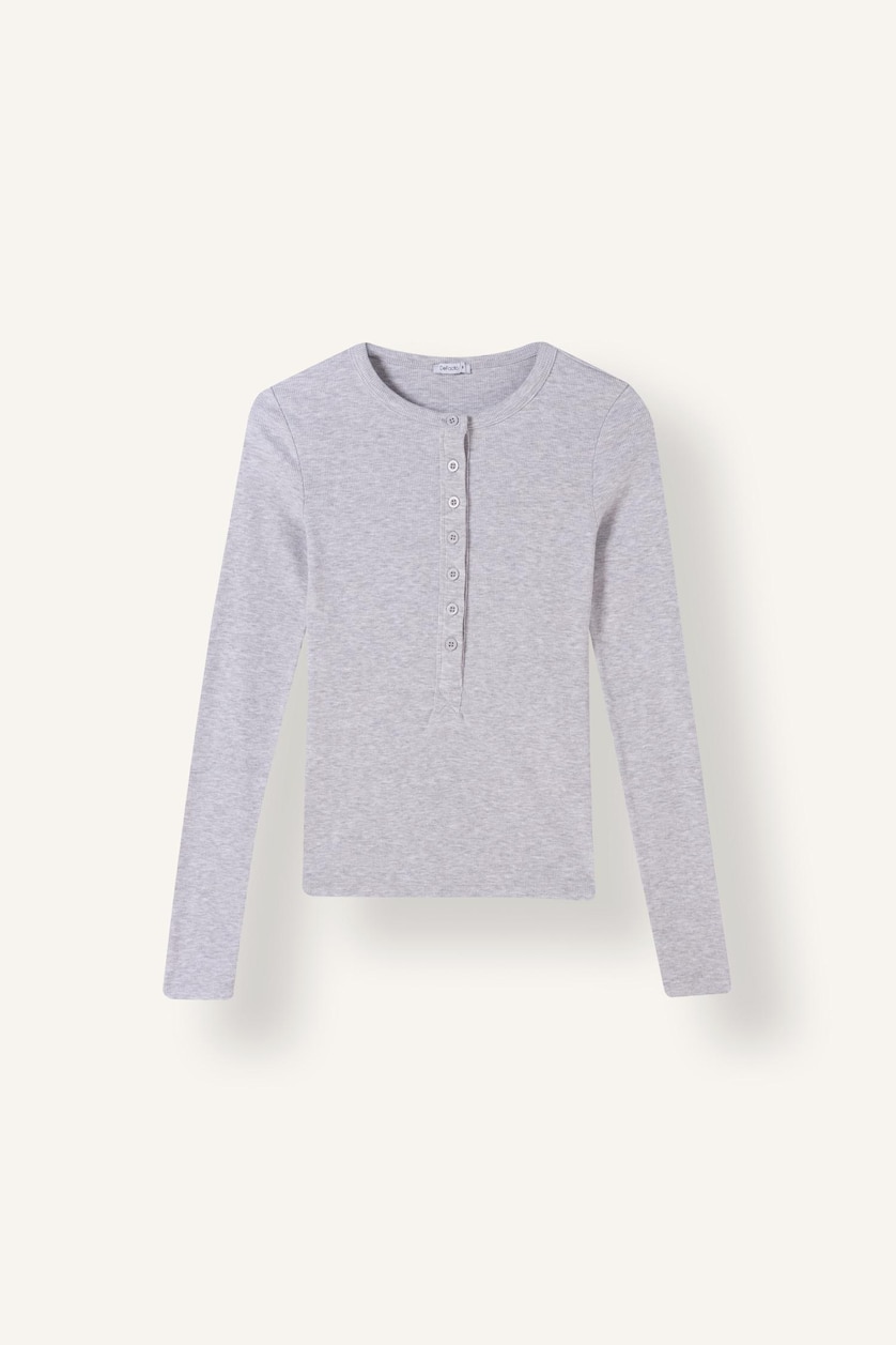نساء ميلانج رمادي Fitted Basic Ribbed Henley Neck Long Sleeve T-Shirt