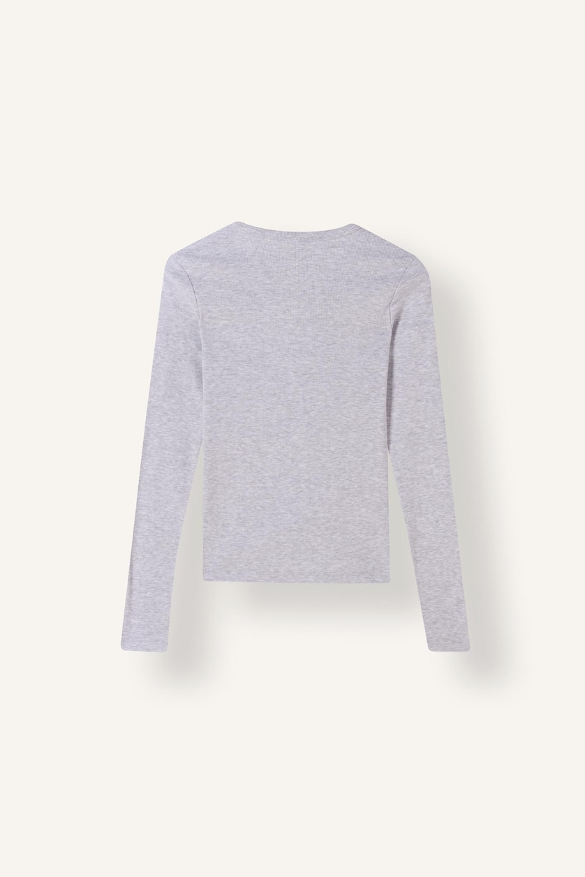 نساء ميلانج رمادي Fitted Basic Ribbed Henley Neck Long Sleeve T-Shirt