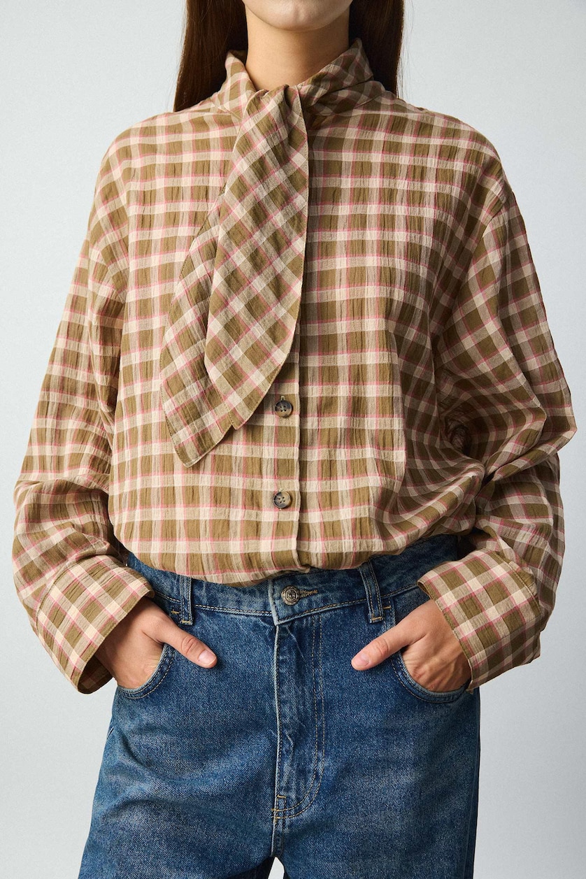 نساء كاكي Oversize Fit Flanel Long Sleeve Shirt