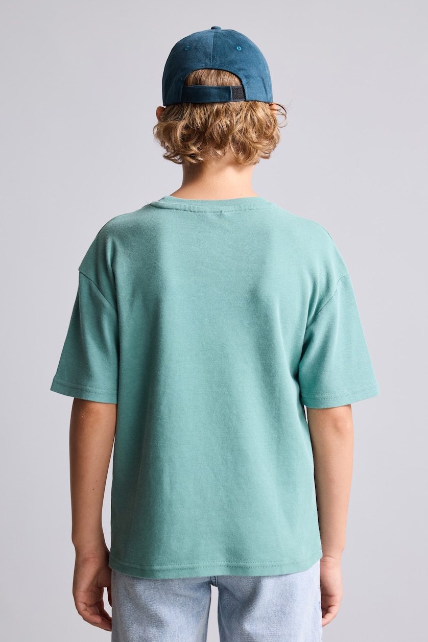 Erkek Çocuk - Genç Erkek Yeşil Overshirt Fit Yazılı Tişört Erkek Çocuk