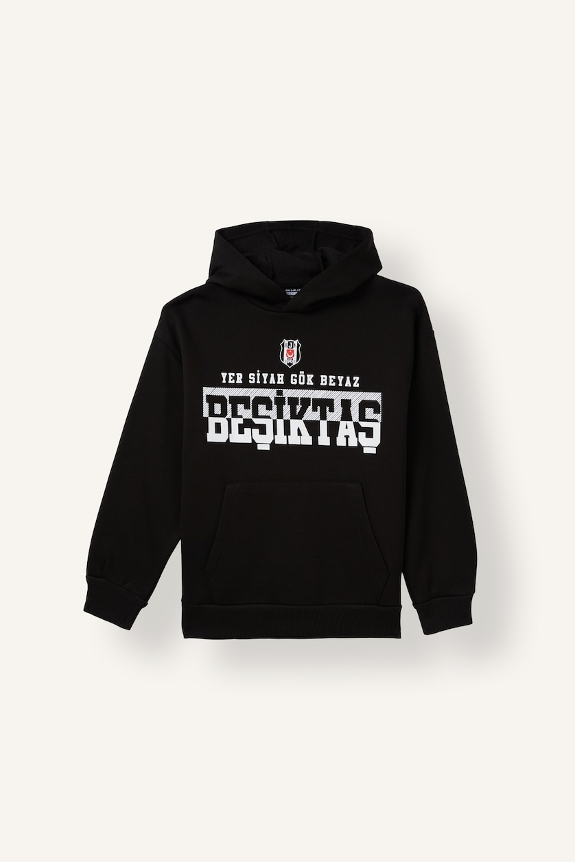 Erkek Çocuk - Genç Erkek Siyah Beşiktaş Kapüşonlu Baskılı Sweatshirt Erkek Çocuk