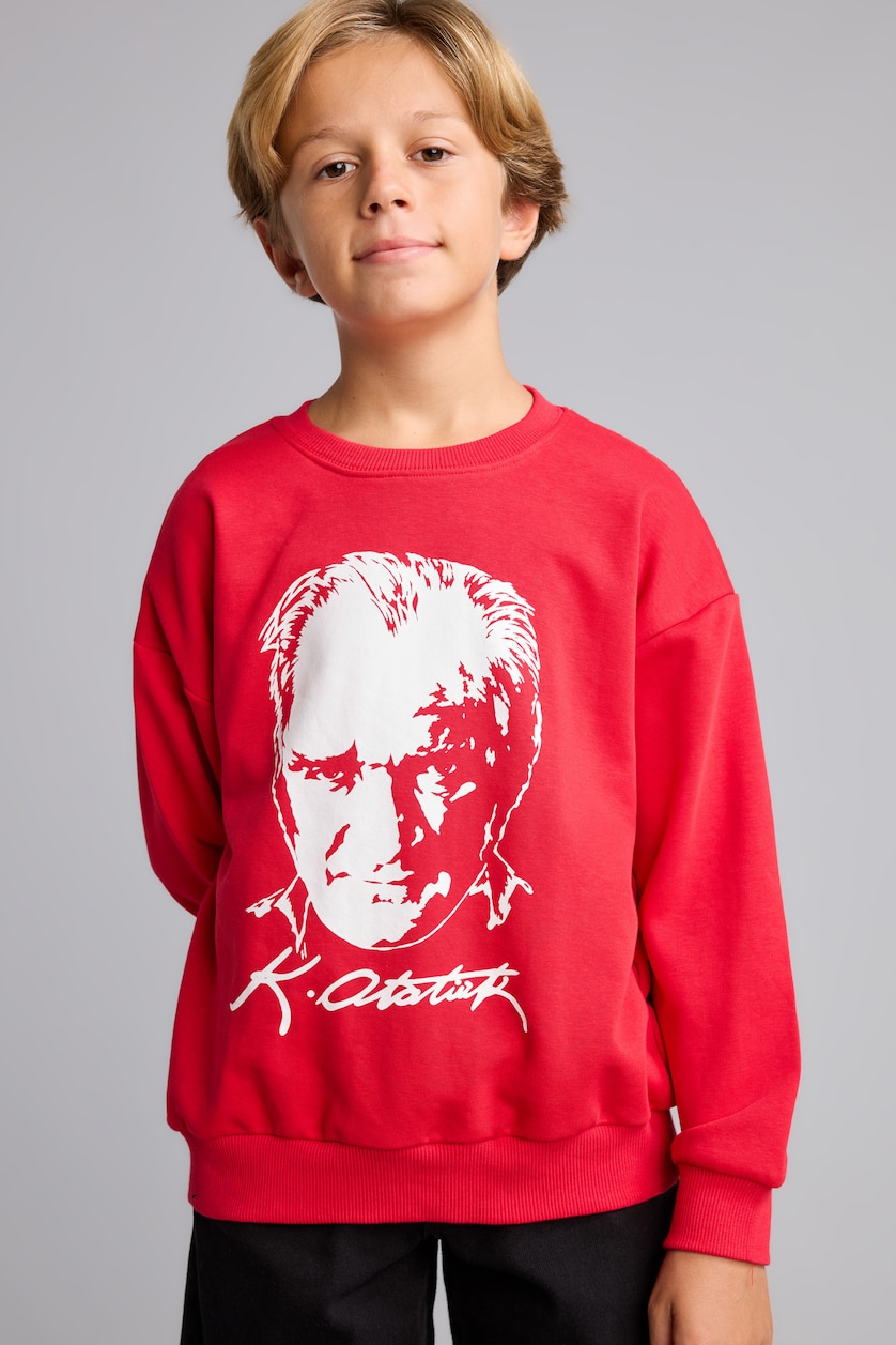 Young Boys - Teen Boys Red Regular Fit Printed Crew Neck Sweatshirt