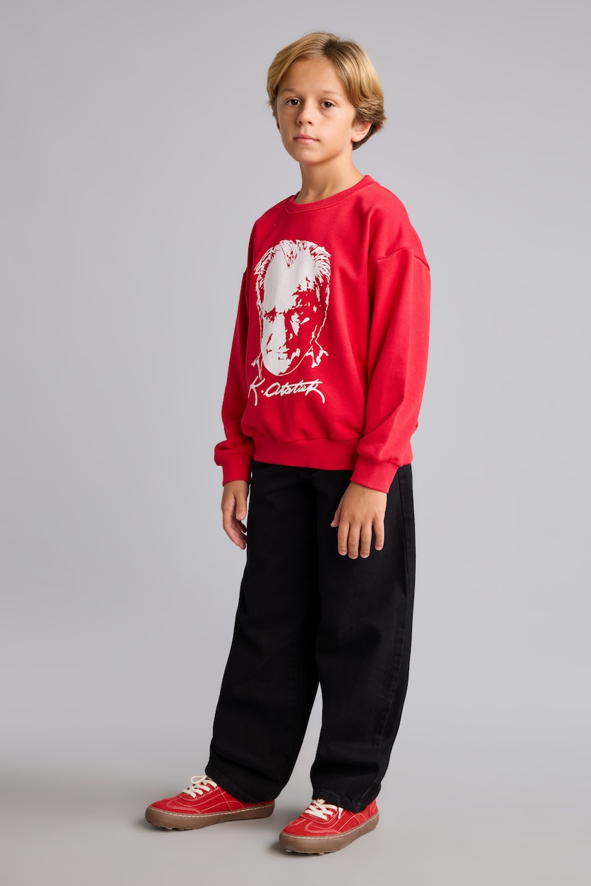 Young Boys - Teen Boys Red Regular Fit Printed Crew Neck Sweatshirt