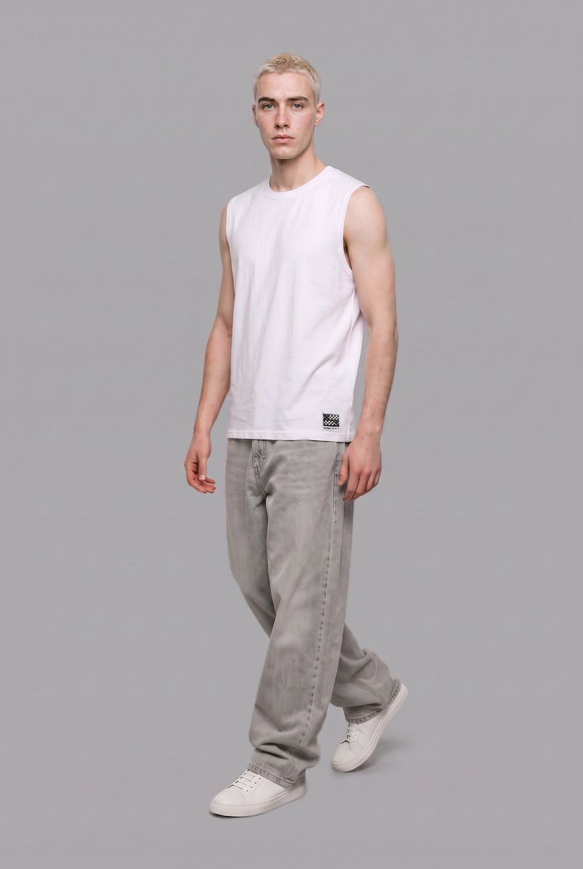 MAN White 100% Cotton Boxy Fit Ribbed White Tank Top